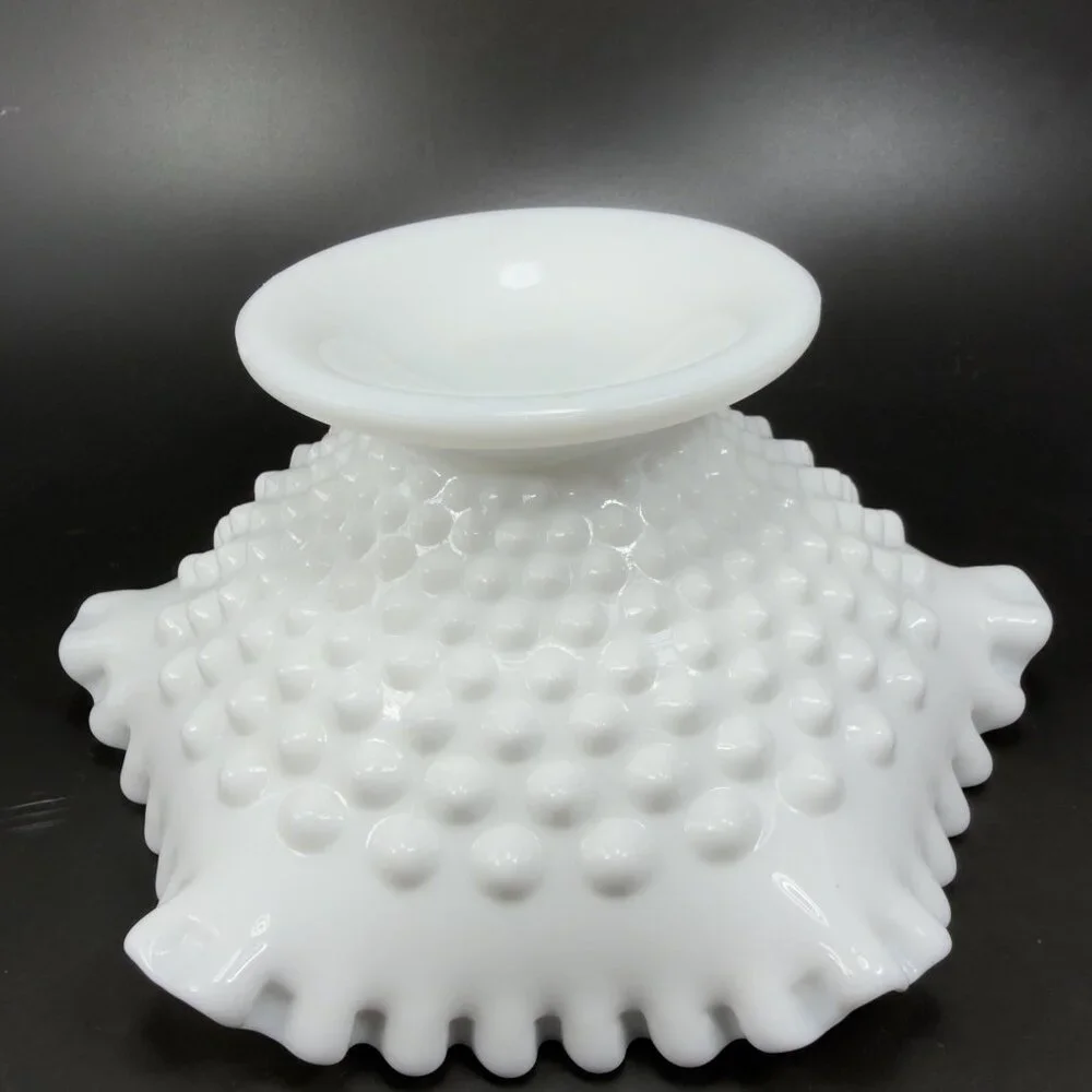 Fenton‎ Hobnail Milk Glass Ruffled Edge Footed Dish Bowl Container White Vintage